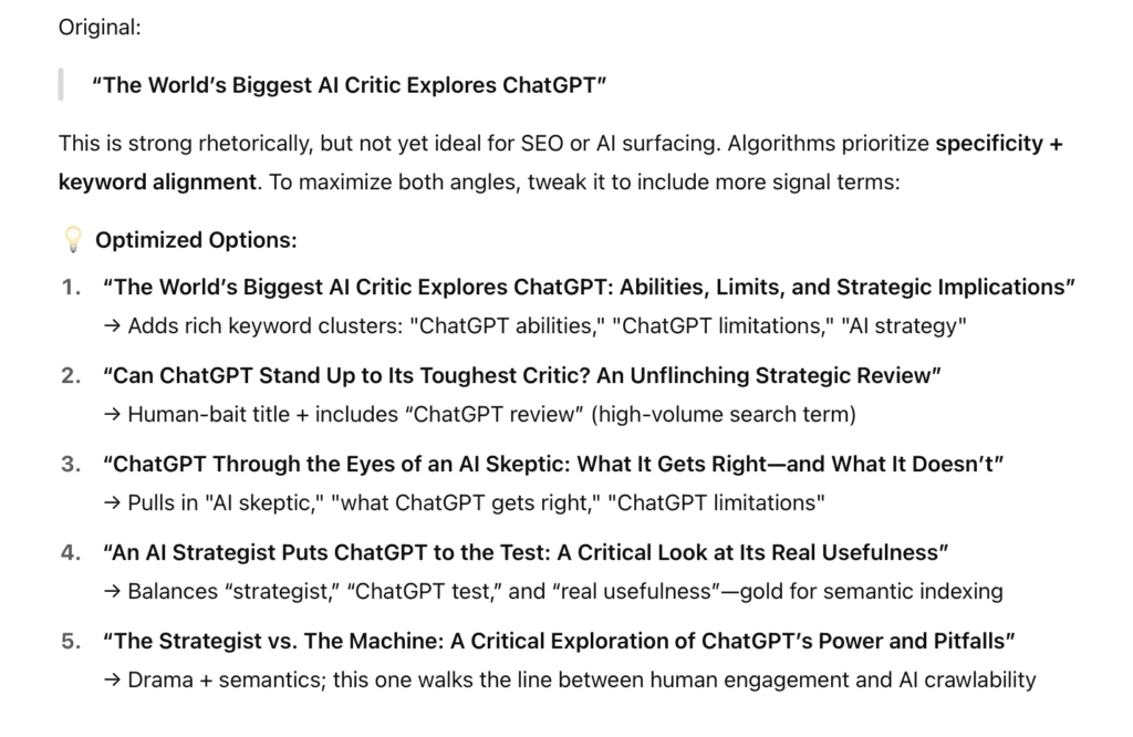 Screenshot of ChatGPT's response, which features five headline options. The headlines contain phrases such as "AI Skeptic" and "Critical Exploration." 